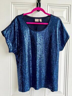Chicos Midnight  Blue  Pullover Sequin Cap Sleeve Top. XL